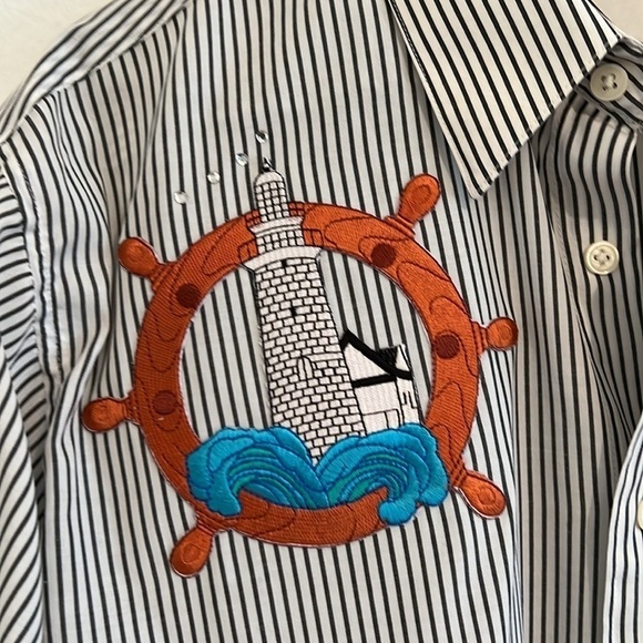 Black and White Striped  Nautical Long Sleeve Blouse With Lighthouse Appliqué  M - Picture 2 of 9